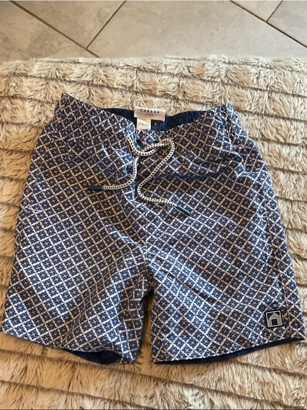 Cabana Life Blue and White Diamond-Print Swim Shorts